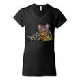 thumbnail image 3 of First We Still Your Heart Then Your Bed | Funny Neon Colorful Cat | Dean Russo Art Animal Lover Womenâ€™s Standard V-Neck Tee, Black, Large, 3 of 6