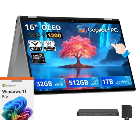 HP OmniBook X Flip 2-in-1 Copilot+ PC Laptop, 16" FHD+ OLED Touchscreen, AMD Ryzen AI 9 465, 32GB LPDDR5X, 1.5TB Storage (512GB SSD+1TB Docking Station), Backlit Keyboard, Wi-Fi 7, Win 11 Pro, Silver