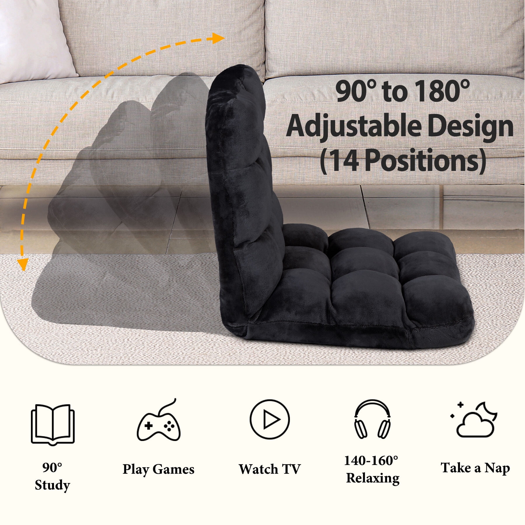 ZENY 14 Levels Adjustable Floor Folding Chair Lazy Sofa Cushion Gaming Chair Recliner - Black