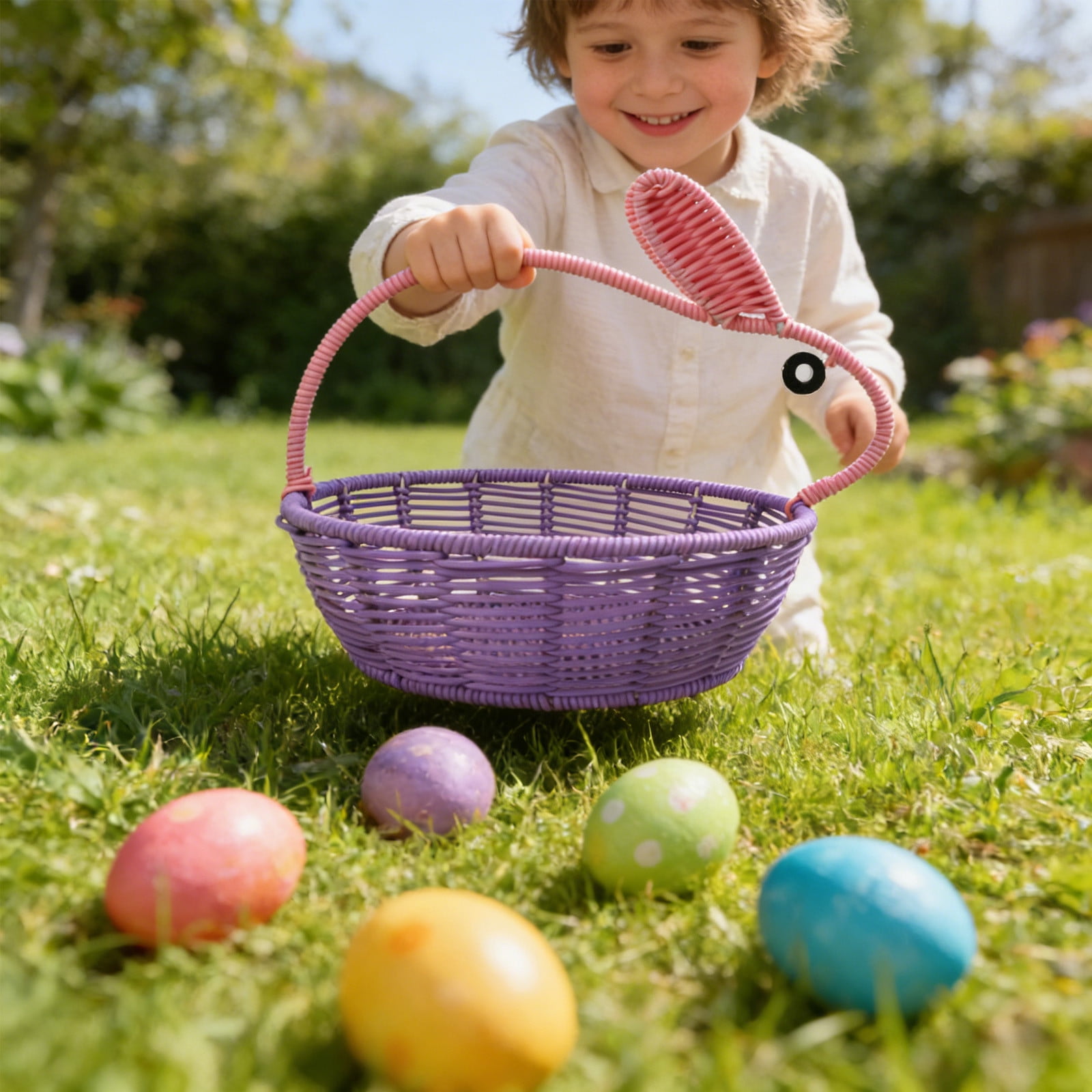 Easter Woven Basket & Woven Rabbit - Woven Baskets for Storage, Handheld Plastic Storage Basket with Chicken & Egg Decor, Spring Gift Basket, Flower Holder, Home Decorative Organizer