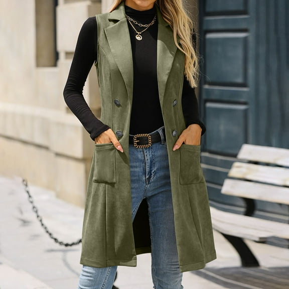 UQJfacai Womens Long Faux Suede Blazer Vest Western Sleeveless Cowgirl Trendy Fashion Business Casual Work Trench Coat with Pockets