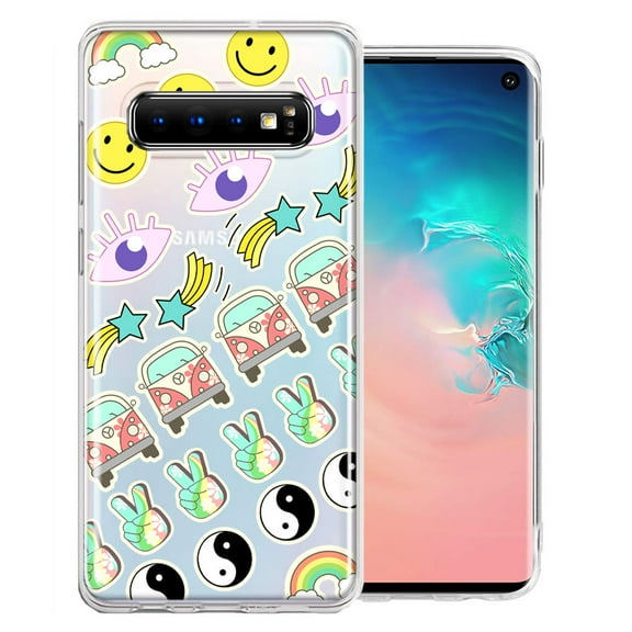 MUNDAZE For Samsung Galaxy S10 Plus 70's Yin Yang Hippie Happy Peace Stars Design Double Layer Phone Case Cover