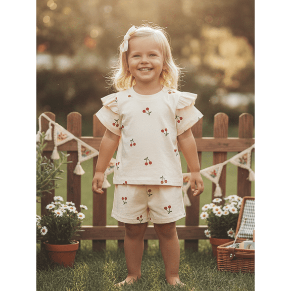 Toddler Girl Summer Outfits Cherry Print Crew Neck Short Sleeve Tops Elastic Waist Shorts 2Pcs Clothes Set