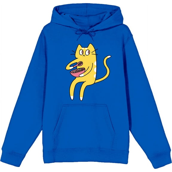 Derpy Kitty Cat With Pink Bowl Adult Blue Long Sleeve Hoodie-Medium