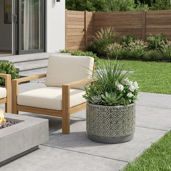 7" Gray Geometric Ceramic Indoor Outdoor Round Pot Planter