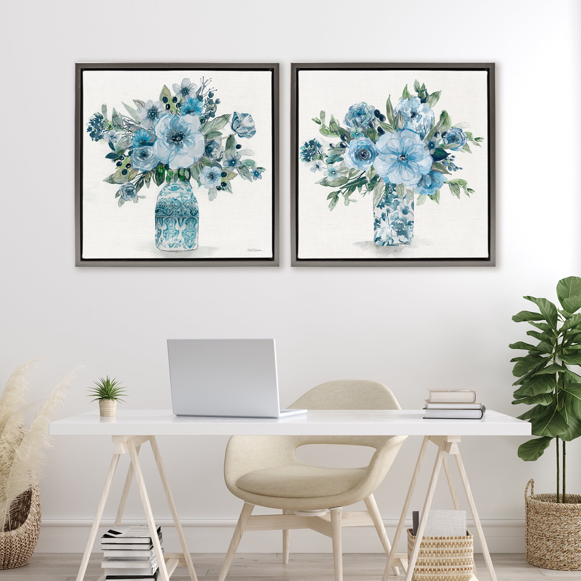 Stupell Industries Pastel Blue Floral Vase Arrangements 2 Piece Gray Framed Floater Canvas Set, design by Carol Robinson