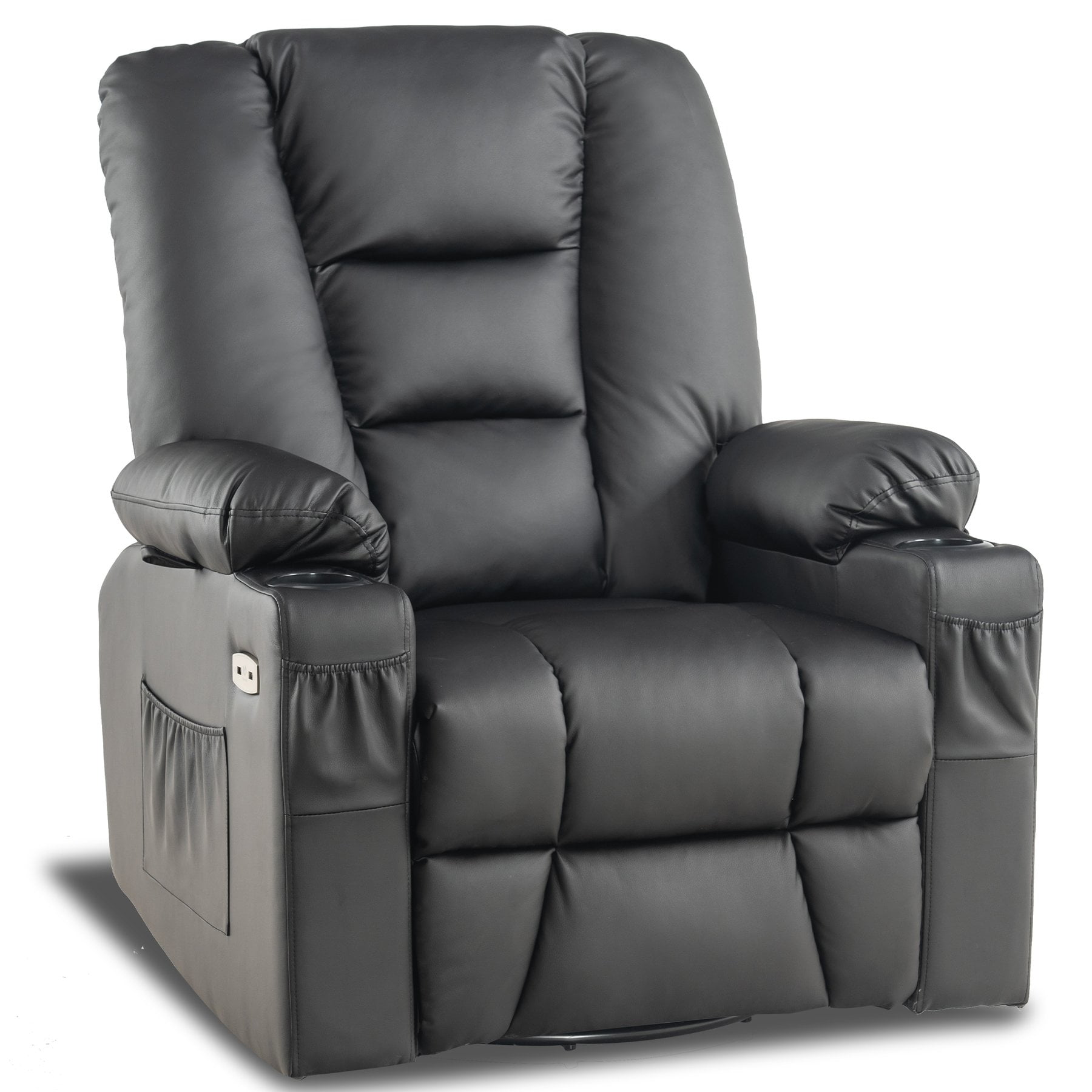 Mcombo Manual Swivel Glider Rocker, Black Leather Swivel Recliner Chair