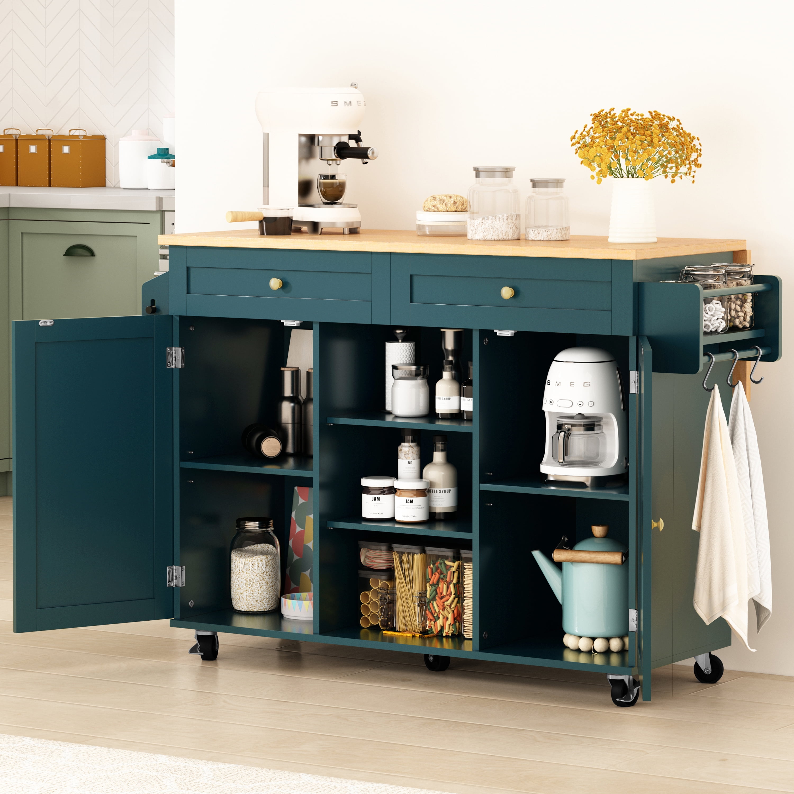 "HLR Large Versatile Folding 51.7"" W Rolling Kitchen Island with Storage, Green"