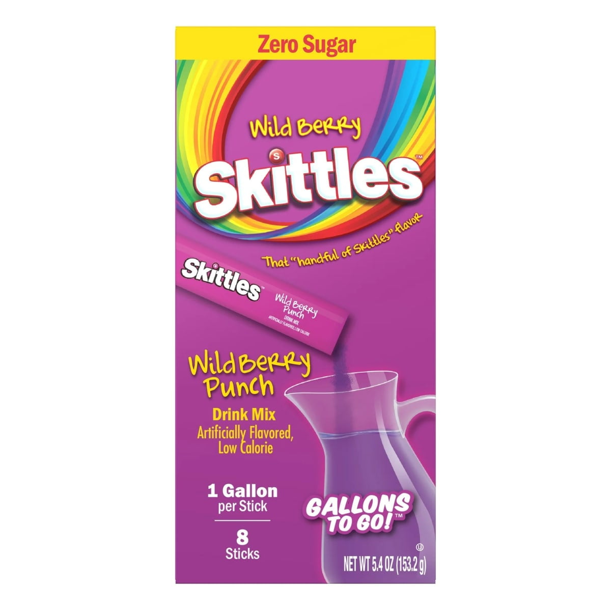 Skittles Zero Sugar Gallons-to-Go Powdered Drink Mix, Wild Berry Punch, 8 Count Gallon Pitcher Packets