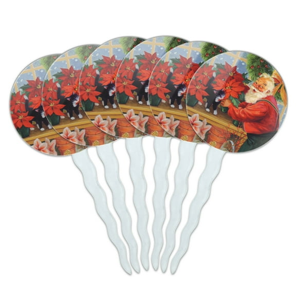 Christmas Holiday Santa in the Greenhouse Cupcake Picks Toppers Decoration Set of 6