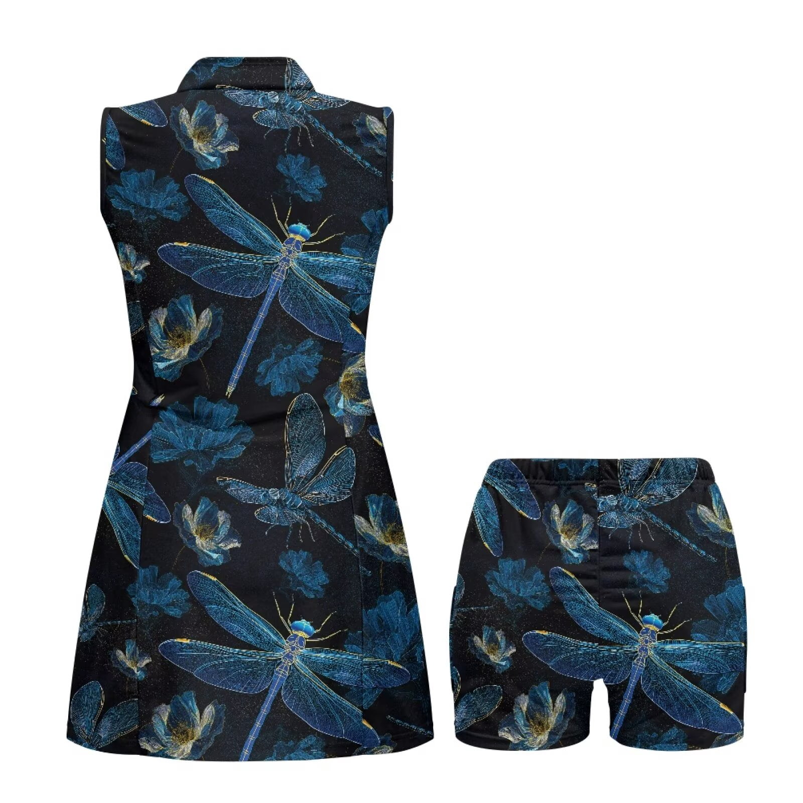 Yuyamidu Blue Dragonfly Womens Golf Dresses with Inner Shorts Tennis Dress for Women Sleeveless Moisture Wicking Workout Dress Size 2XL Elegant 2 Piece Sports Wear