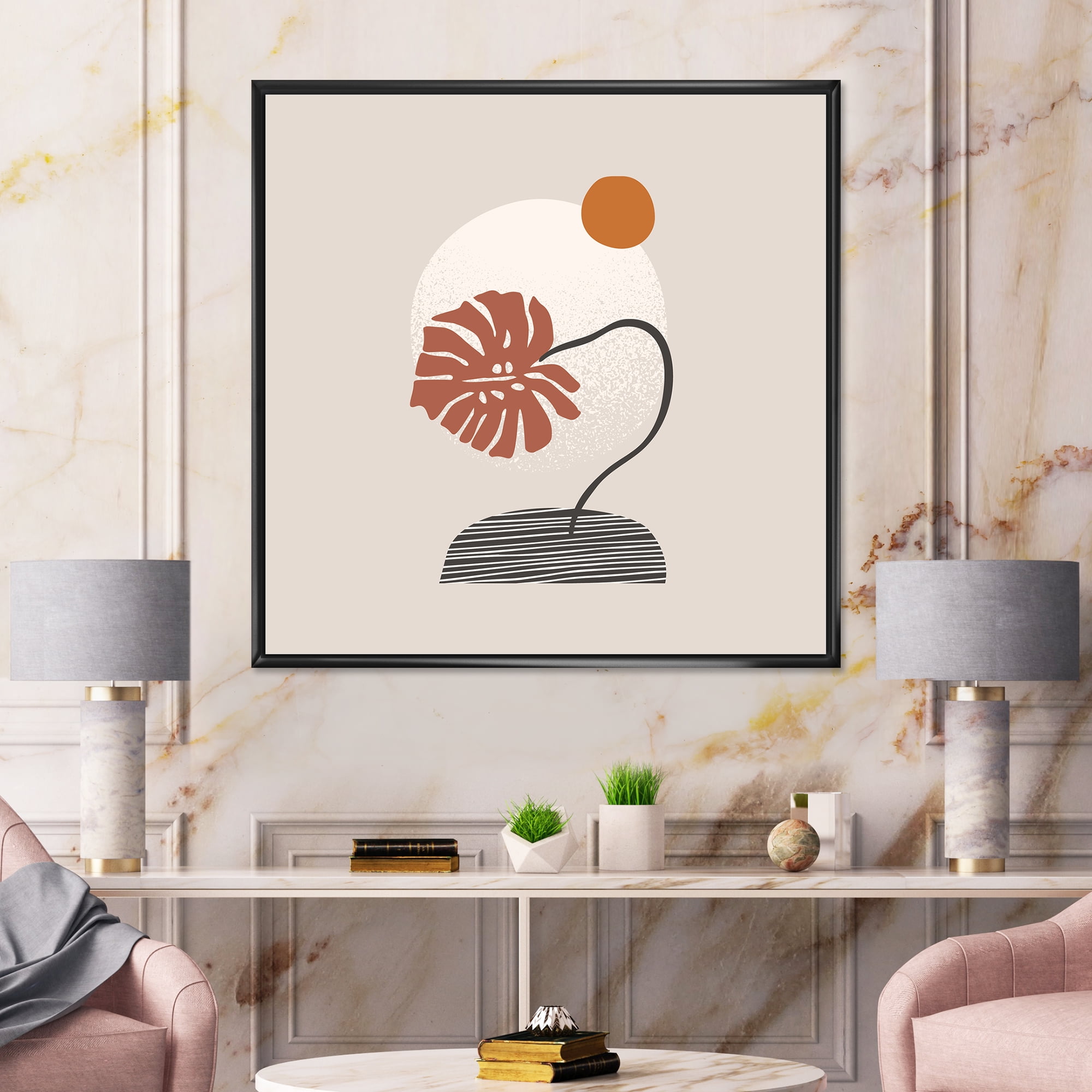 Designart 'Abstract Geometry Shapes and Tropical Palm Leaf III' Modern Framed Canvas Wall Art Print
