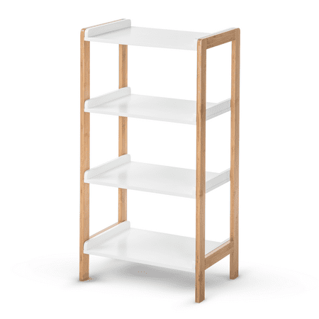 House of Living Art White Bookcase with Bamboo Frame 4 Shelves White Natural Finish