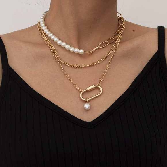 Jinsinto Bohemia Layered Choker Necklace Pearl Necklace Charm Pendant Choker Chunky Link Chain Dancing Party Travel Costume Jewelry for Women and Girls (Gold