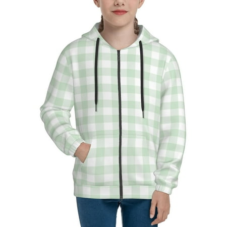 

Hoodies for Teen Girls Boys Light green white Checkered Long Sleeve Youth Kids Essentials Zip Up Hoodie Lghtweight Fashion Hoodies & Sweatshirts Jacket Fall Winter Outfits Tops