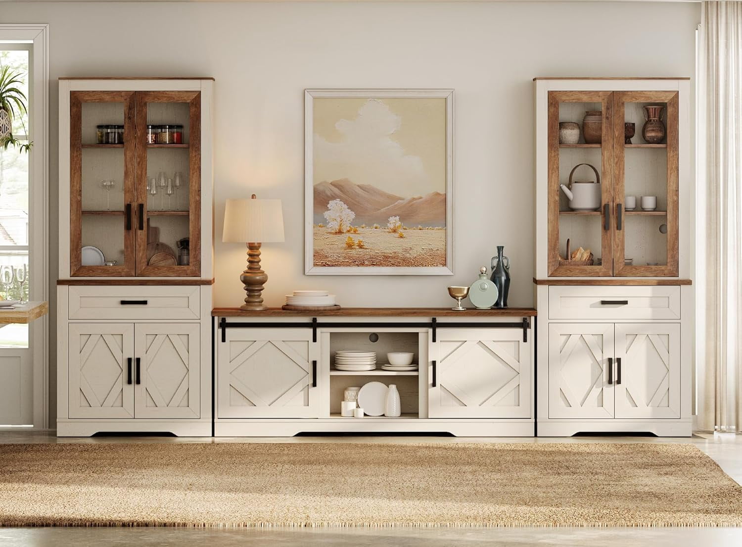 WAMPAT Farmhouse Entertainment Center with Bookshelf for TVs up to 75",Modern TV Stand with 73"H Tall 5-Tier Bookcase with Open Storage and Barn Doors for Living Room,Bedroom,Antique White