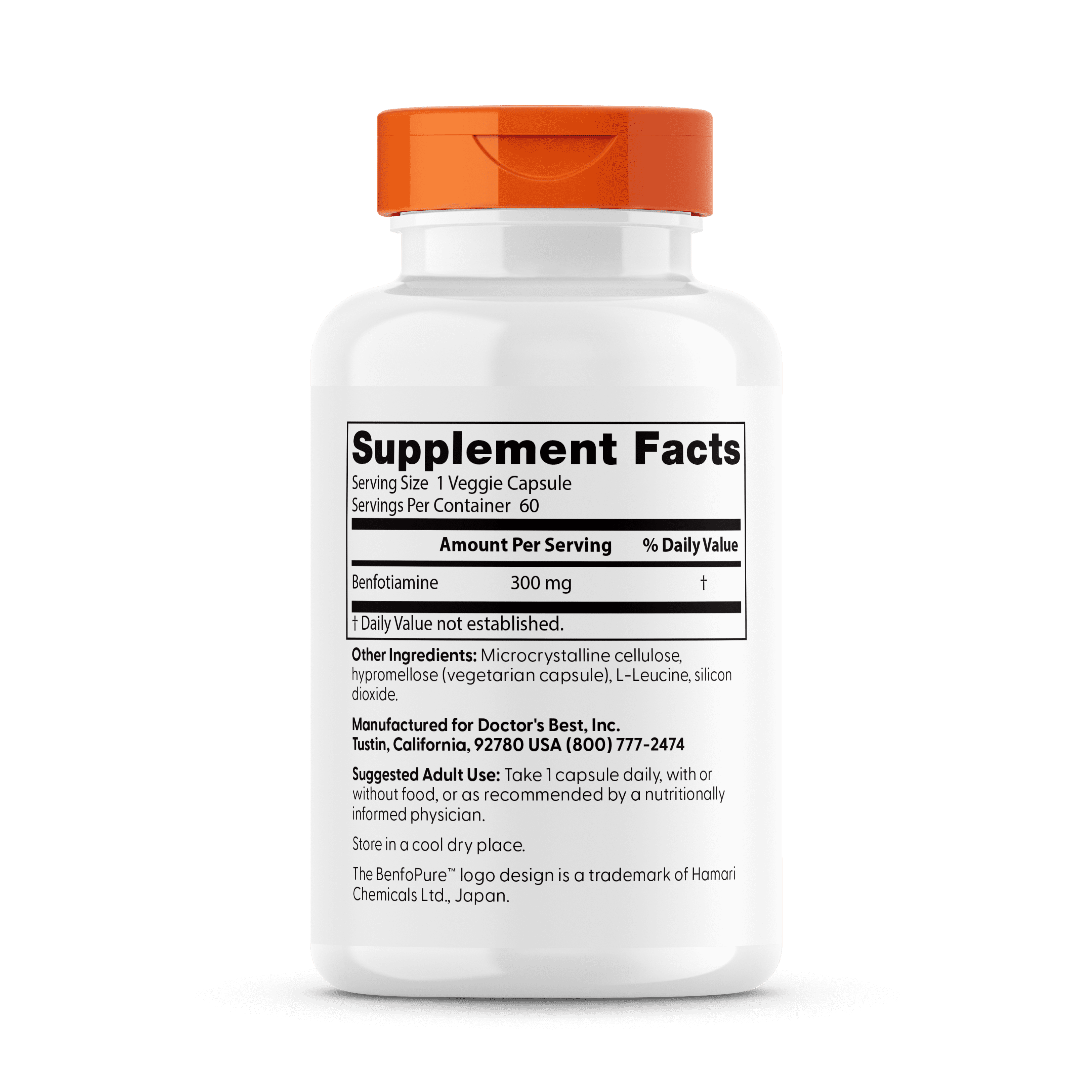 Doctor's Best Benfotiamine + BenfoPure (for Maintaining Blood Sugar Levels) Vegetarian Capsules, 300 Mg, 60 Ct