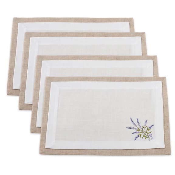 Fennco Styles Lavandula Collection Country Double Layer Lavender Design Linen Blend 14 x 20 Inch Placemats, Set of 4 â€“ Ivory Placemats for Banquets, Wedding, Special Events and Home D?cor