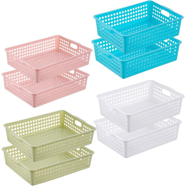 8 Pack A4 Size Plastic Baskets with Handles, Colorful Paper Trays for Organizing, Stackable Classroom Storage Bins for Home Office School