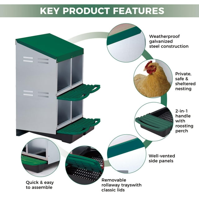 EDTara Metal Chicken Nesting Box Provides Sturdy Galvanized Steel Build and a Convenient Removable Roll-Out Tray, Ensuring Easy Egg Gathering and Cleaning for Backyard or Farm Poultry Setups