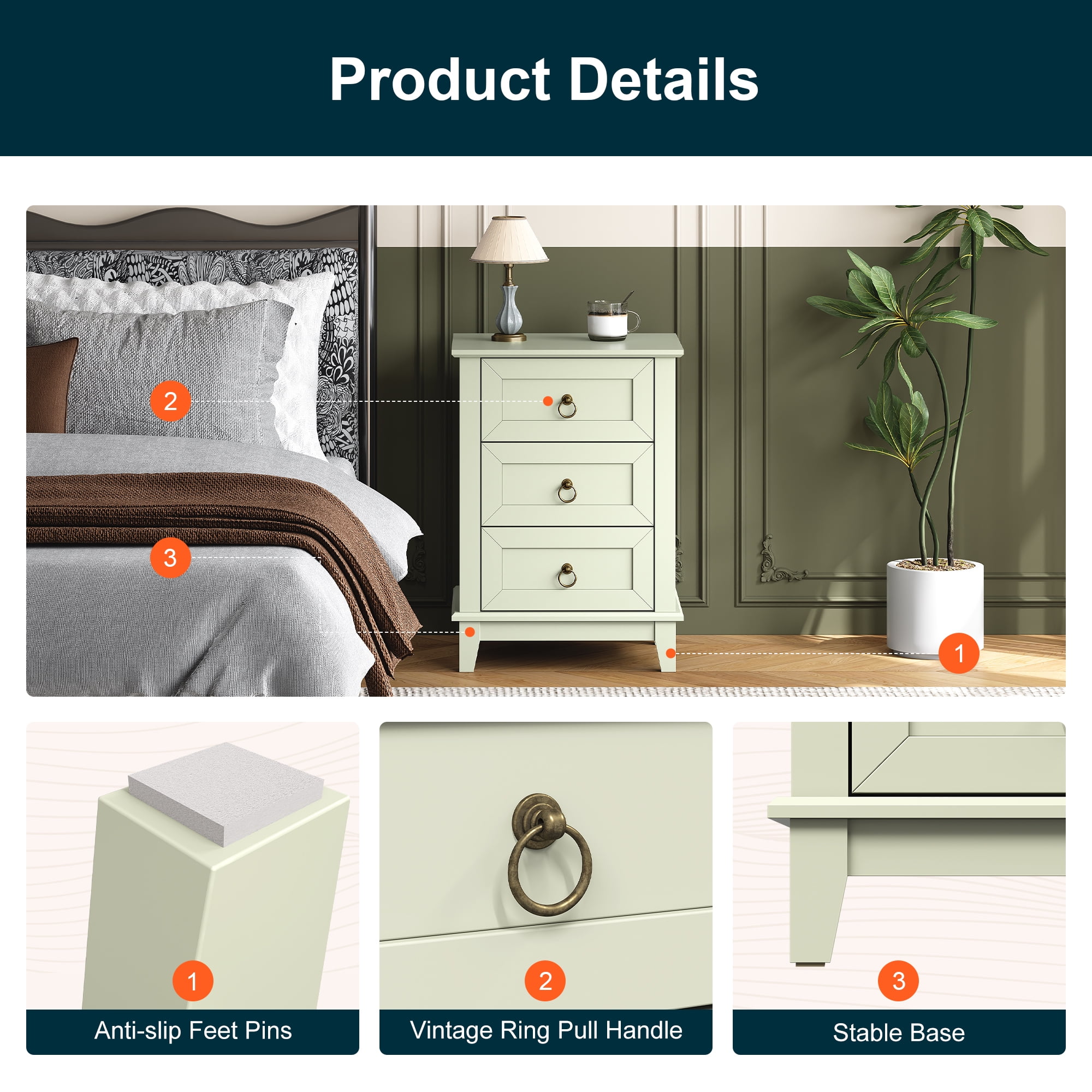 Heynemo Light Green Nightstand Set of 2: Modern 3-Drawer Dressers, Tall Narrow Bedside Tables with Smooth Gliding Drawers for Bedroom