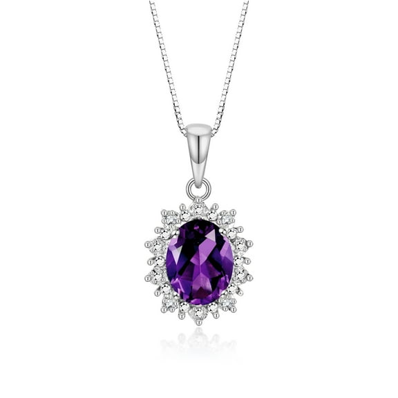 Rylos Sterling Silver Princess Diana Inspired Necklace: 9X7MM Amethyst & Sparkling Diamonds - 18" Chain Exquisite Birthstone Jewelry