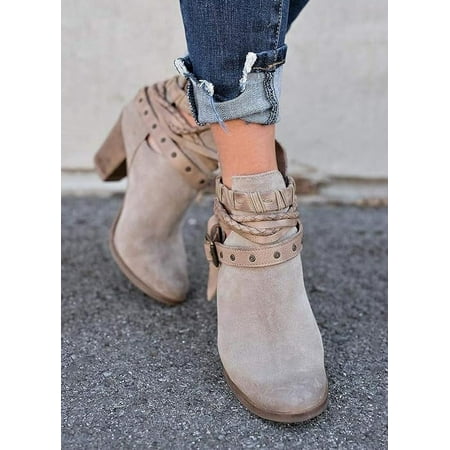 

hotio 2024 Women s Buckle Ankle Boot Ladies Back Zipper Bootie with Woven Wraparounds Studs Chunky Heel Chelsea Boots