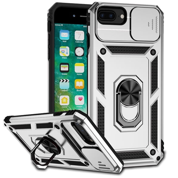 JTCASES for iPhone 8 Plus/7 Plus Case, Heavy Duty Protection Magnetic Car Mount Rotating Stand [Slide Camera Window] Rugged Shockproof Anti-fall Shell for iPhone 8 Plus/7 Plus, Silver