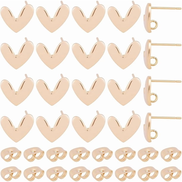 Accesorios para aretes de corazón chapados en oro de 18 quilates, 20 piezas de latón con pasador y 30 piezas de cierres plateados con forma de corazón.