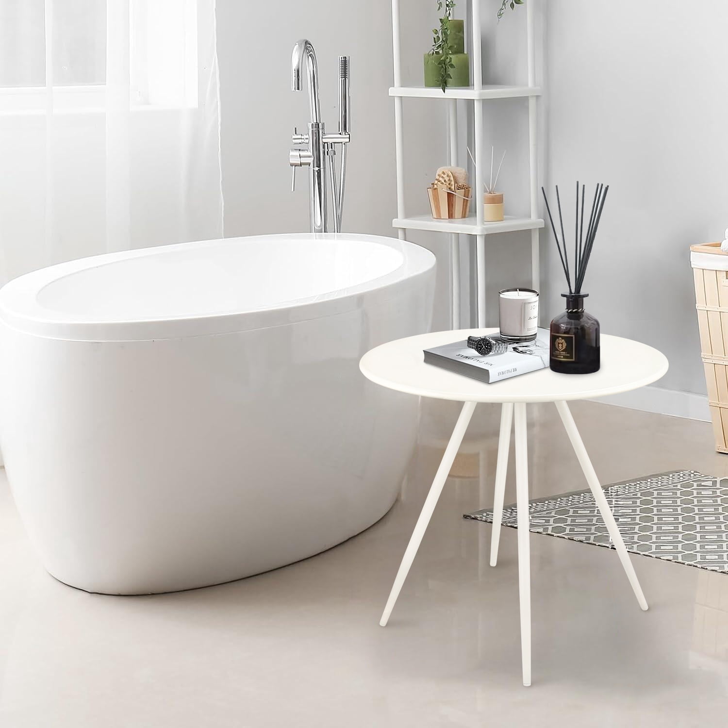 CERBIOR Round Side Table, End Table for Indoor & Outdoor Use, Small Side Tables for Small Spaces All Beige