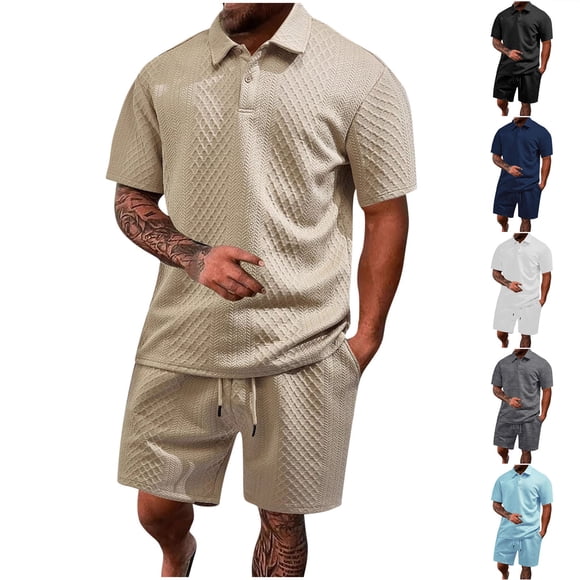 Men's Summer Casual Short Sleeve Lapel Button Down Shirt and Shorts Set Elastic Waist Drawstring Loose Fit for Vacation Beach Holiday Outdoor Golf Daily Wear | IhhxPro,Black XL
