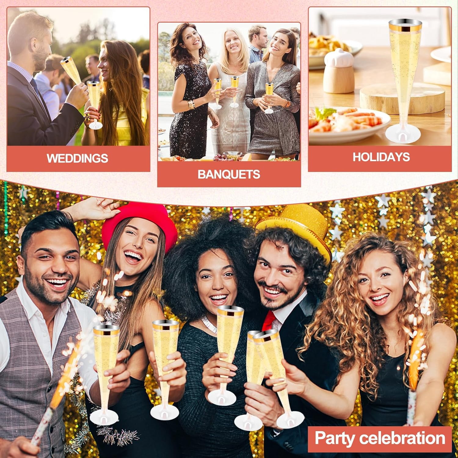 50 Pack Plastic Champagne Flutes Disposable, Gold Rim Champagne Glasses, 4.5 Oz Clear Disposable Champagnes Flute, Mimosa Glasses Plastic Toasting Glass for Wedding Party Supplies