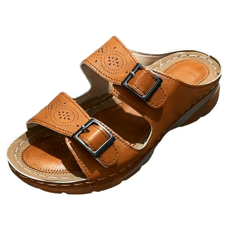 

SEMIMAY Women Summer Solid Color Buckle Strap Casual Open Toe Wedges Soft Bottom Breathable Slippers Shoes Sandals Khaki
