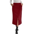 thumbnail image 2 of YABCSAZ Women Corduroy Midi Skirt High Waist Split Retro Half Skirt Elegant Corduroy Skirt for Fall Winter Long Straight Skirt with Pockets, Red, 2 of 9