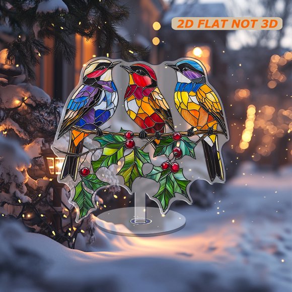 Rotating acrylic ornament featuring three vibrant bishop birds on a holly branch with a stained glass mosaic effect and stunning brushstroke details