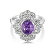 Gorgeous Simulated Purple Amethyst Rhodium Plate Vintage Style Diamond Halo Ring (Available in size 5, 6, 7, 8, 9)