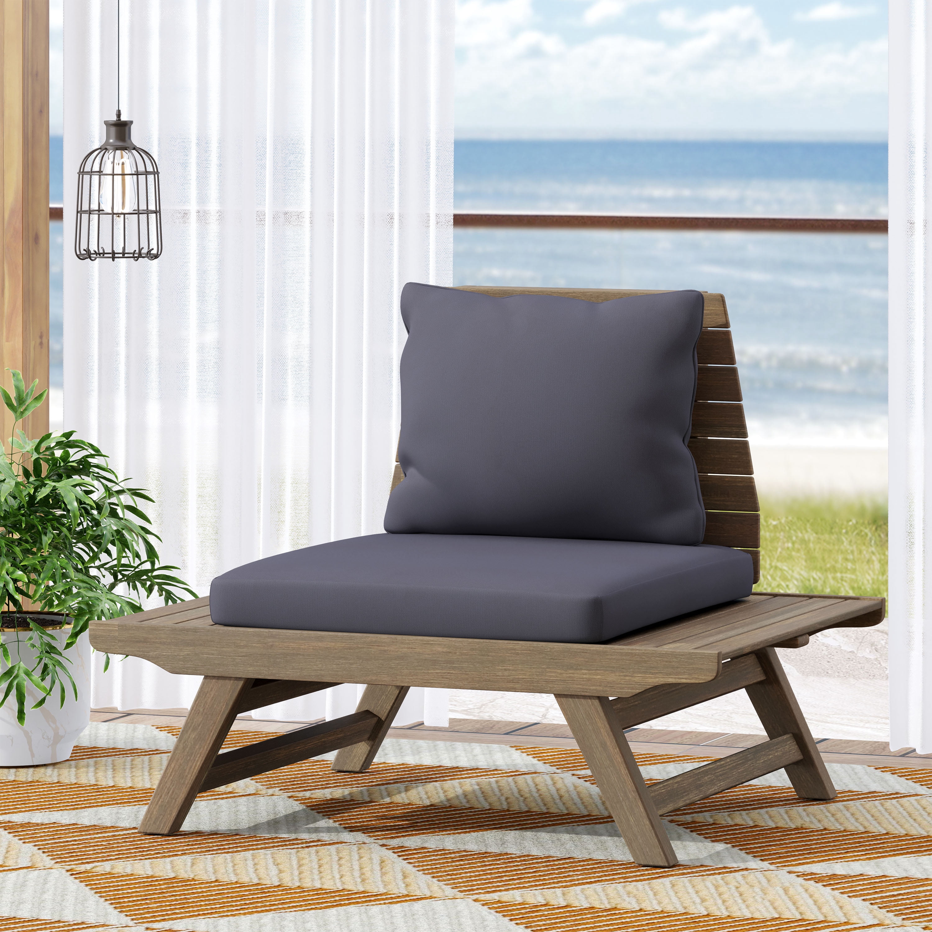 Outdoor Single Acacia Wood Club Chair, Leisure Relax Seat for Patio Garden, Dark Gray