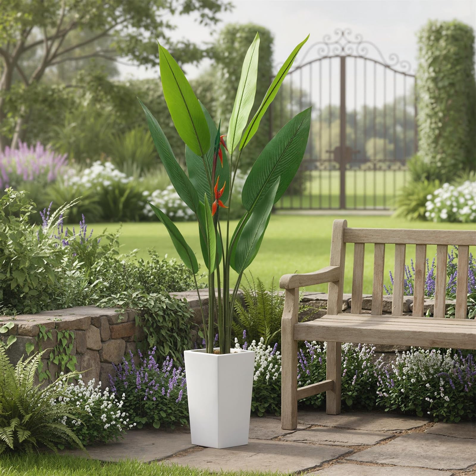 Accreate Faux Banana Tree Artificial Plant, Fake Potted Tropical Evergreen with Tall White Planter for Living Room, Entryway, Porch, or Office