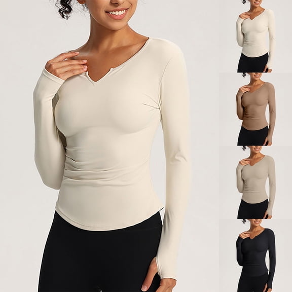 Olyvenn Long Sleeve Shirts for Women V Neck Slim Fall Basic Workout Tops Casual Trendy Solid Color Tunic Comfy Soft Clothes Black XL