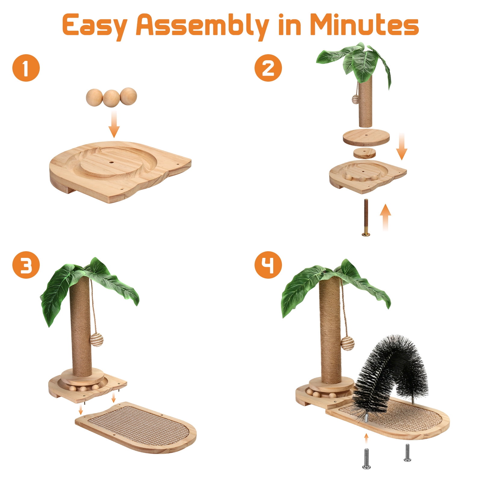 Wooden Cat Scratcher with Sisal Scratching Post, Cat Activity Center with Grooming Brush and Hanging Toy, Small Cat Tree for Indoor Cats and Kittens