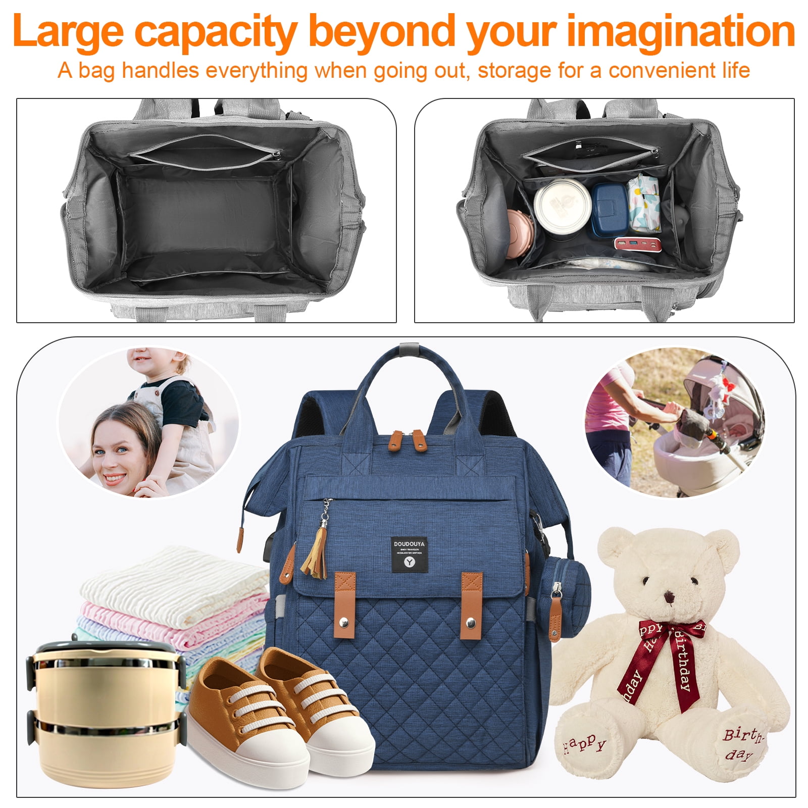 Eurhowing Baby Diaper Bag Backpack for Mom & Dad, Large Capacity Baby Bag with Stroller Straps & Insulated Pocket, Waterproof Diaper Backpack for Travel, Blue