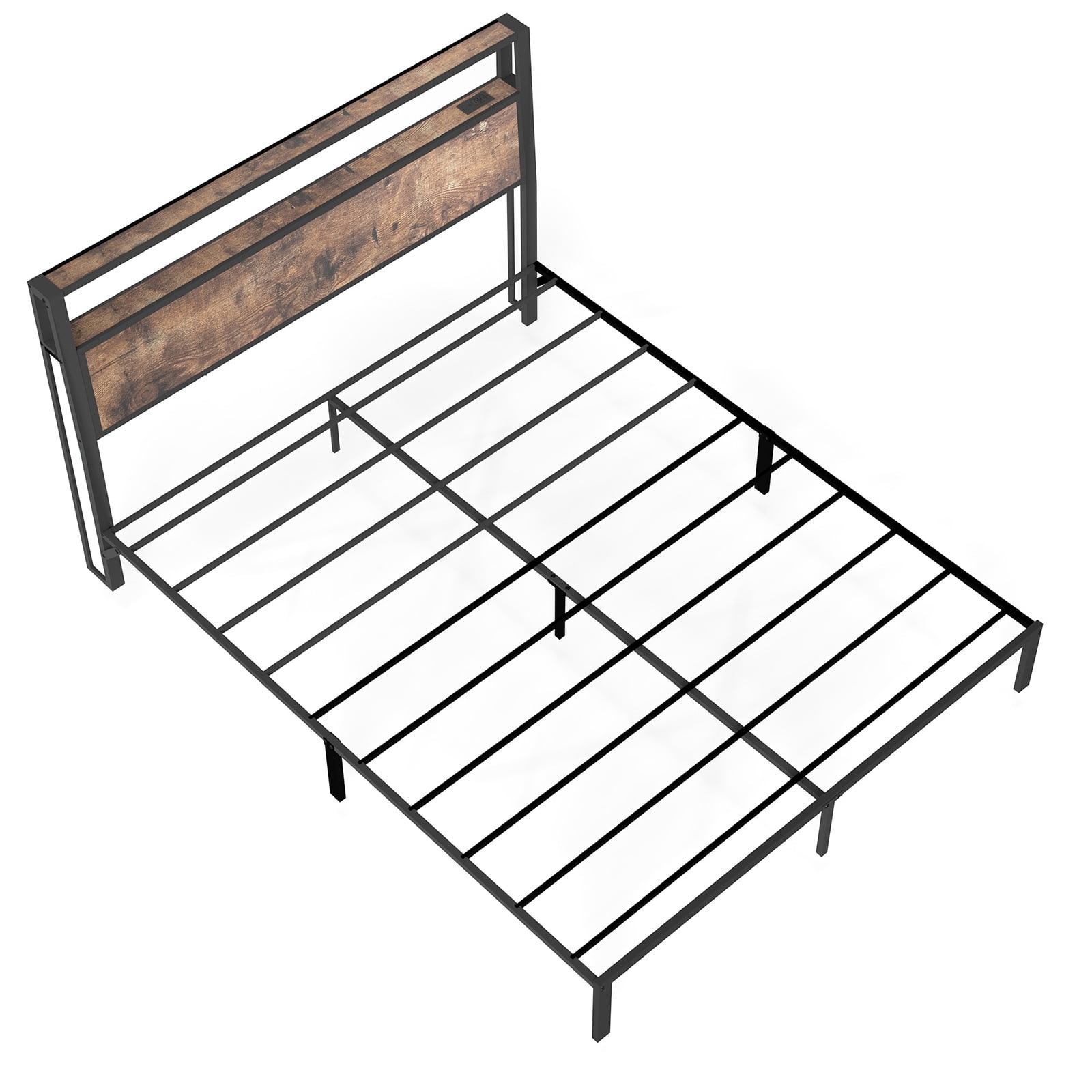 Leumius Full Size Bed Frame with Headboard, Platform Bed with RGB LED Light & Charging Station & Under Bed Storage Space, Easy Assembly, Brown