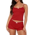 thumbnail image 2 of KIHOUT Women's Lace Trim Ribbed Knit Cami Top and Bow Detail Shorts 2 Piece Loungewear Pajama Set for Summer Sleep and Casual Lounging, 2 of 6