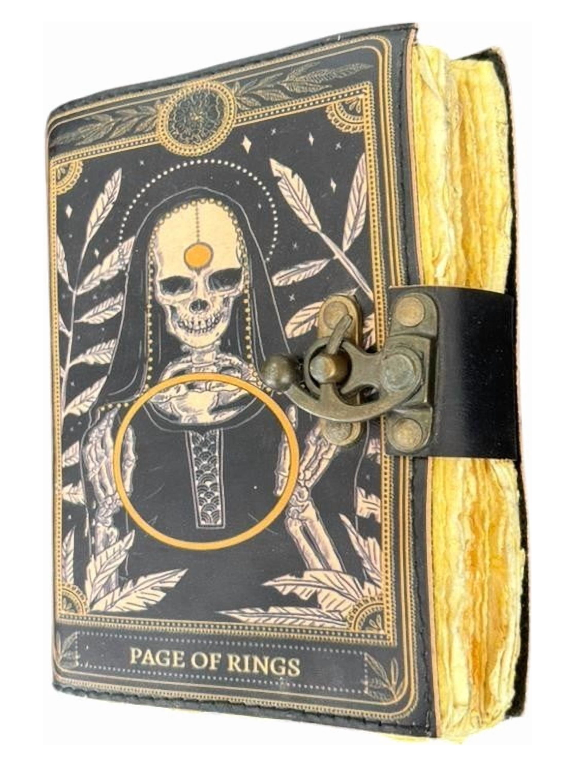 Handmade Leather Journal 5x7 Inch – “Page of Rings” Fantasy Design, Deckle Edge Paper Notebook, Vintage Lock Diary, 200 Pages