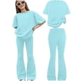 thumbnail image 2 of YMNXA Kids Girls Two Piece Outfit Short Sleeve Round Neck Solid Color Top And Flared Pants Fashion Breathable Sets For Everyday Wear,Green,7-8 Years, 2 of 4