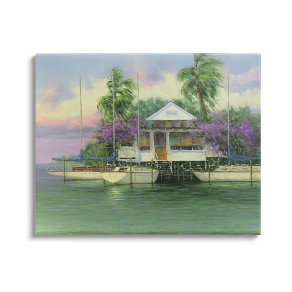 Coastal Boat Dock Tropical Palms Landscape Painting Gallery Wrapped Canvas Print Wall Art
