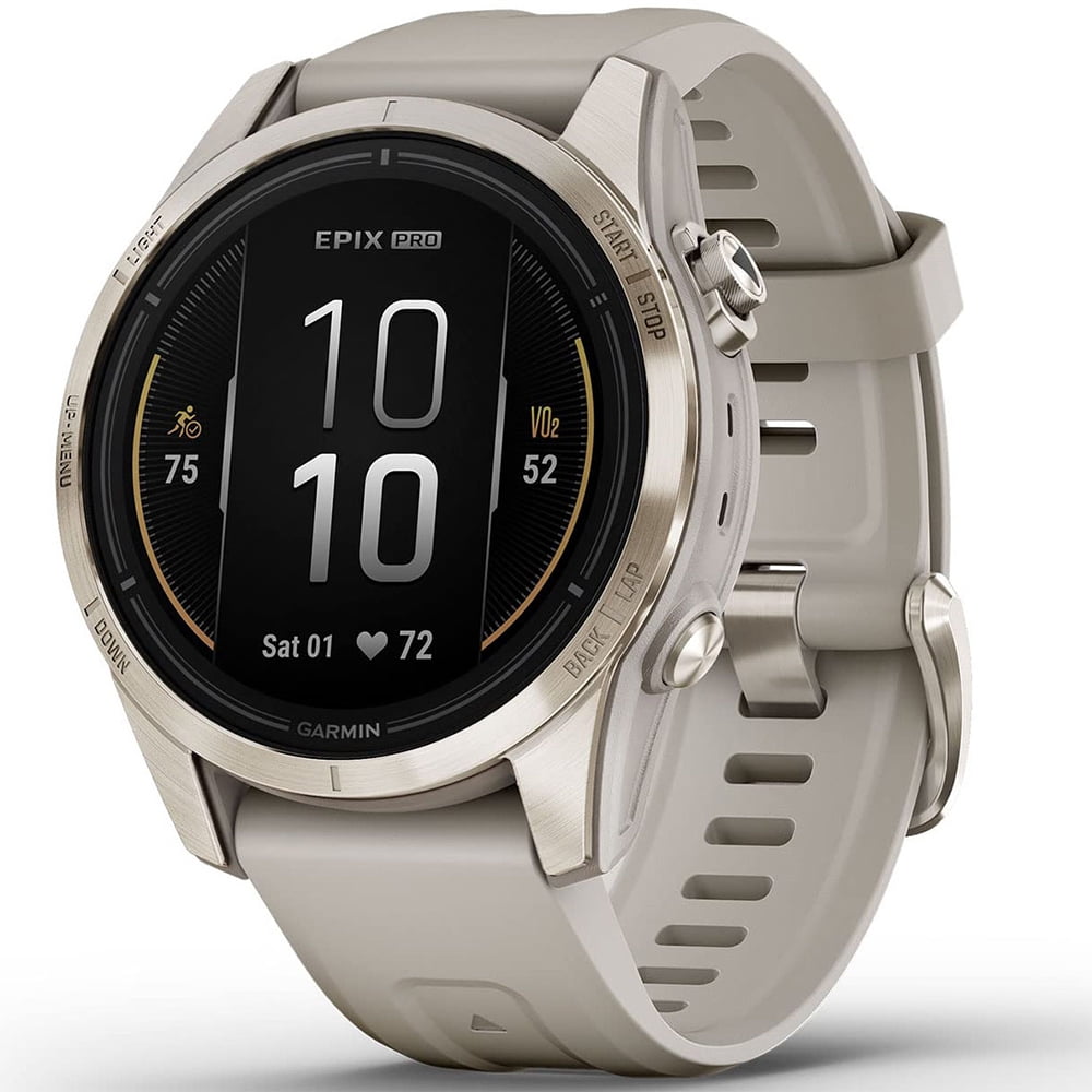 Garmin Epix Pro (Gen 2), 42mm, Sapphire, Soft Gold Steel, Light Sand 010-02802-10 Bundle with 2 YR CPS Extended Warranty, Deco Essentials 3 Pack Silicone Dust Cover and 2-Pack Screen Protector