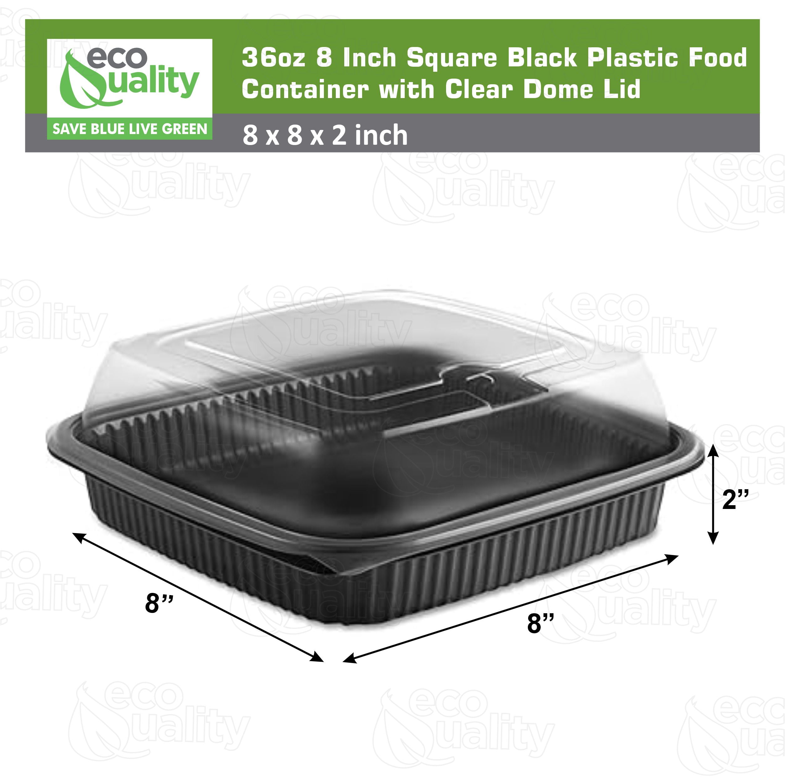 EcoQuality 36oz 8" Square Black Container with Clear Dome Lid, Reusable Bento Box, Food Storage Containers | BPA Free | Stackable | Lunch Boxes, Microwave/Dishwasher/Freezer Safe (25)
