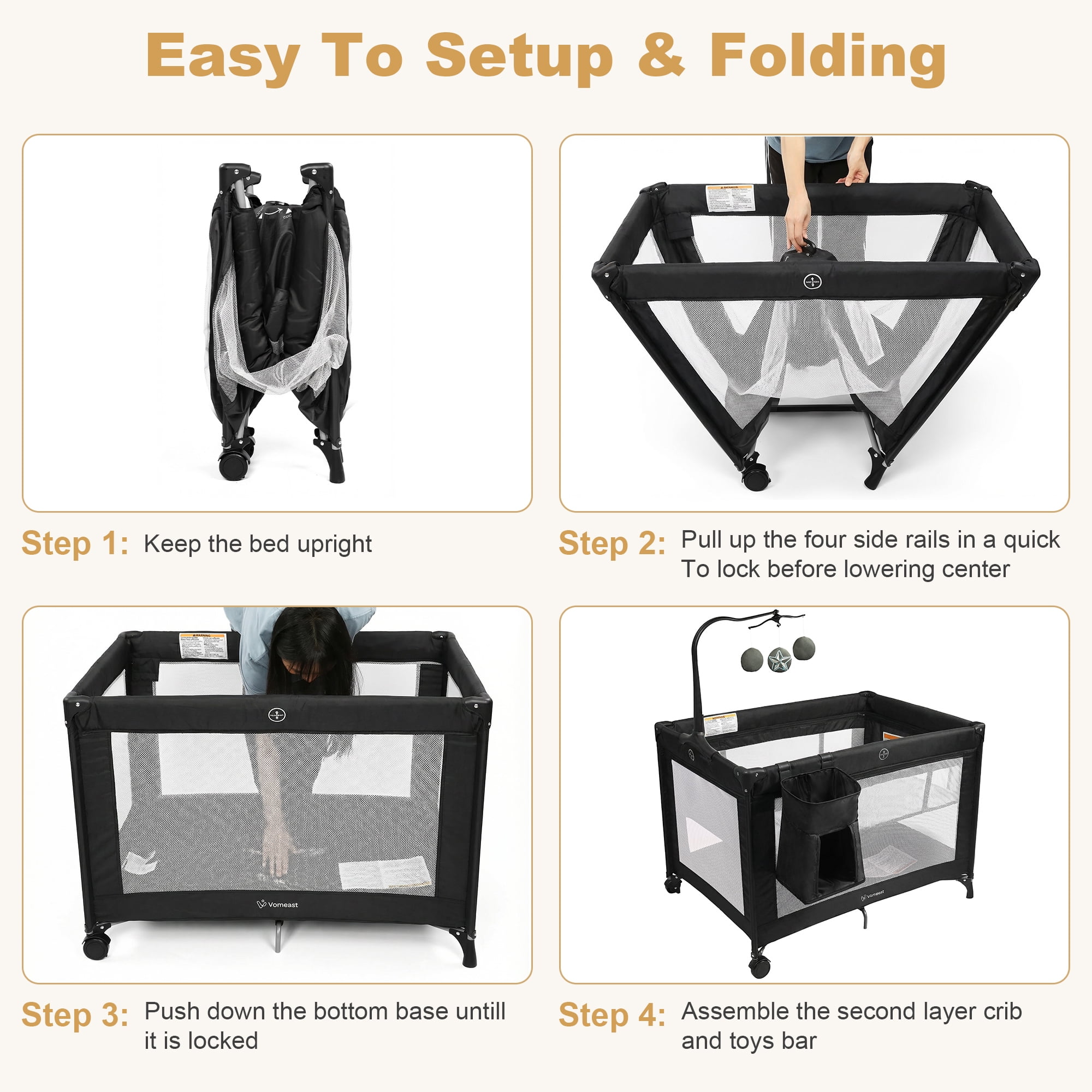 Vomeast Baby Playard Baby Bassinet,Foldable Crib Pack and Play with Toy Bar,Play Yard,0-5 Months(Black)