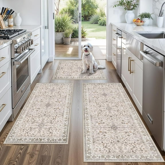 3-Piece Kitchen Rug Set of 3 with Runner – Non-Slip Washable Boho Kitchen Mats for Sink, Floor, Entryway & Hallway & Bathroom – Soft Small Throw Area Rugs, Home Decor (Beige)